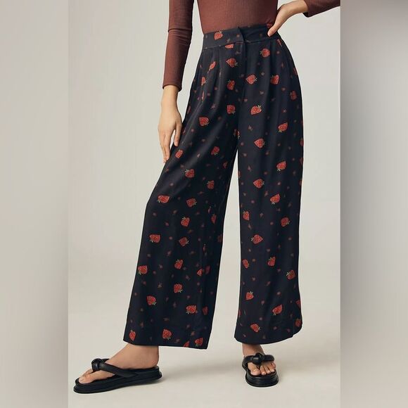 Farm Rio Strawberry Printed Wide Leg Pants in Black/Red size XS - Picture 15 of 16
